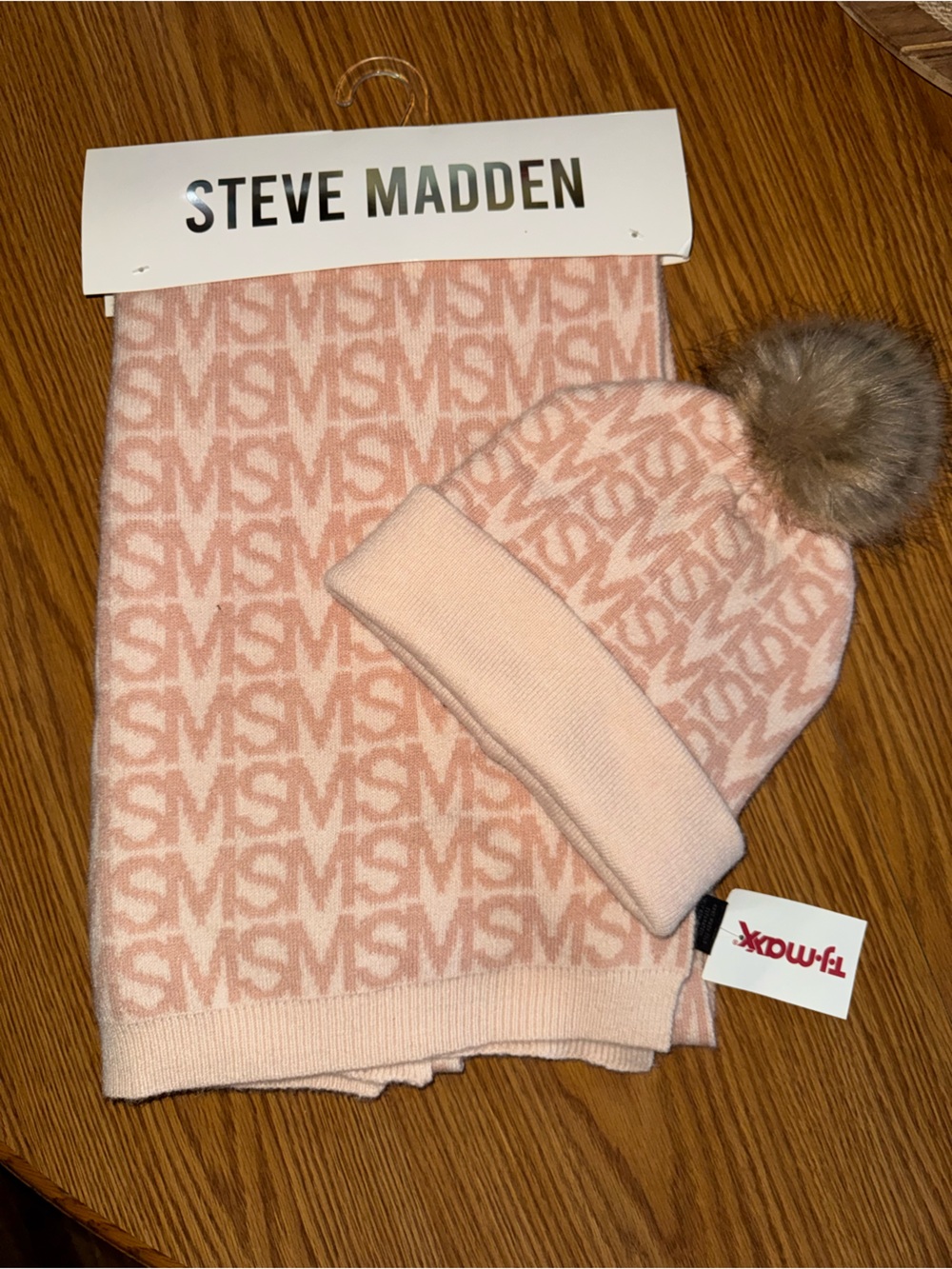 Steve Madden Light Pink Logo Knit Beanie with Faux Fur Pom & Matching Scarf